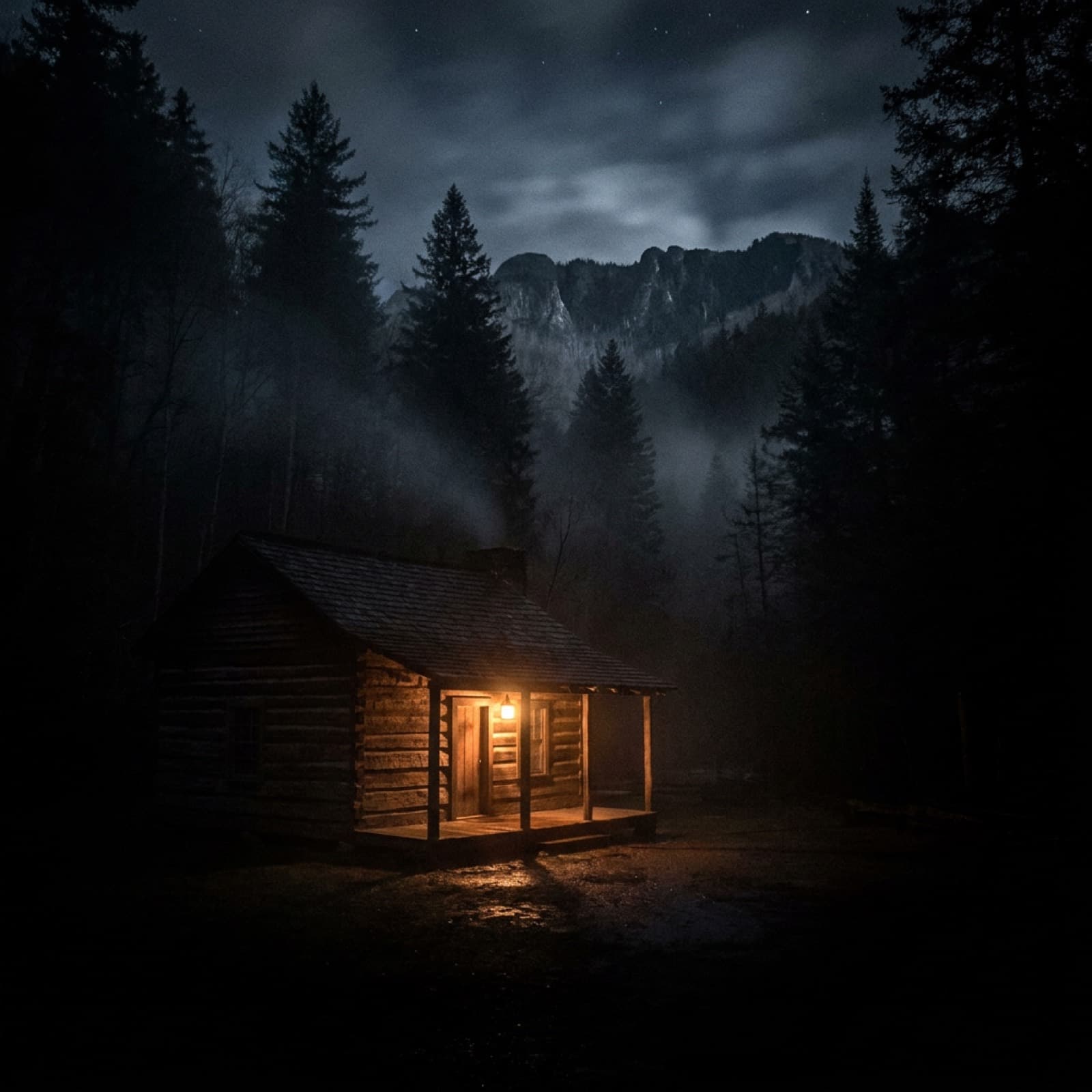 A log cabin at night with a single porch light on