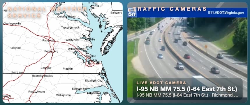 Live operations dashboard with a weather map and traffic cameras